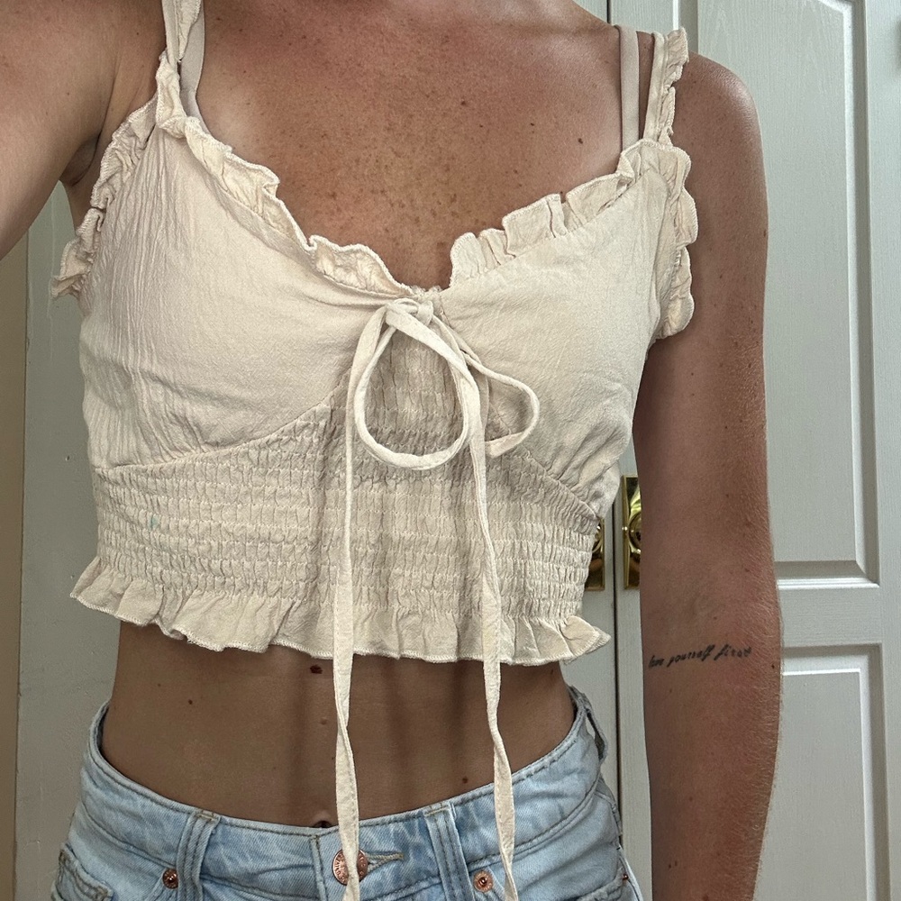 ROMWE Cream Smocked Tie-Front Crop Top